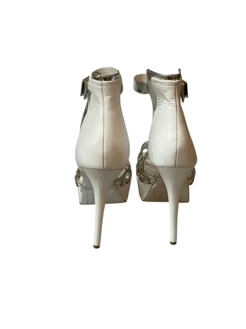 Bebe White & Silver Strappy Leather Platform Heels With Ankle Strap - Size 9